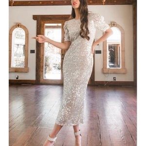 Ivy city co sparkle puff sleeve midi dress